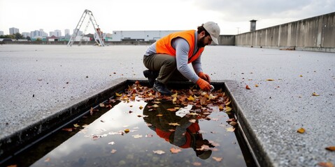 a man in an orange vest is kneeling on the ground with leaves on the ground