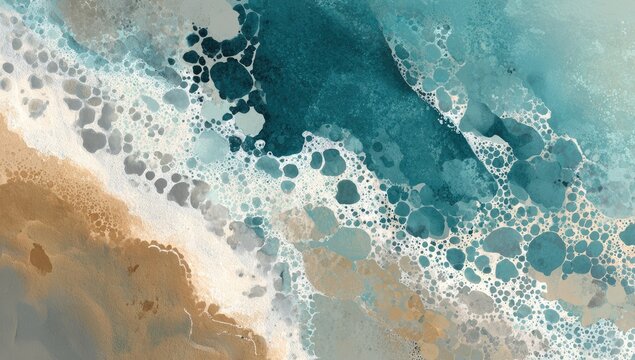 Abstract depiction of ocean waves crashing onto a sandy beach, rendered in a watercolor style