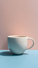 Fototapeta premium Minimalist ceramic coffee cup with soft shadow on pastel background