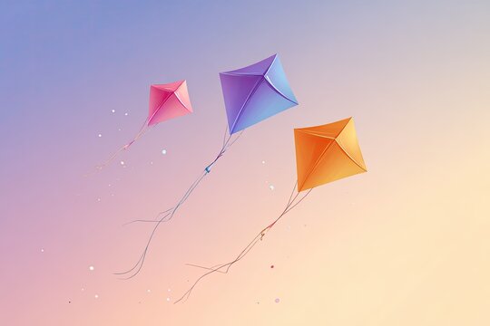 Three colorful, diamond-shaped kites soar against a gradient sky, with flowing tails and playful dots