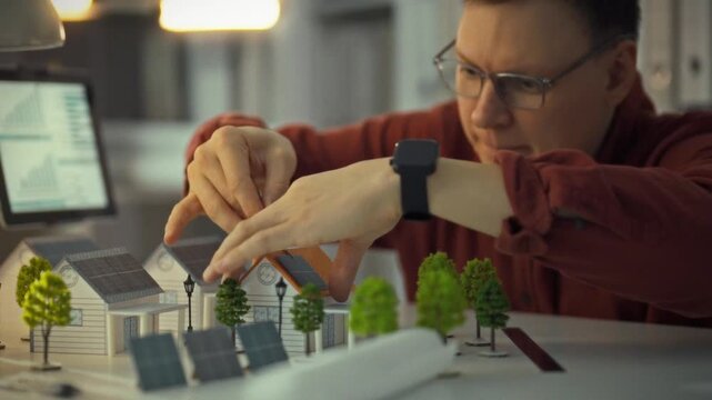 A researcher is working on a model for a sustainable energy project, arranging solar panels and trees in a modern workspace filled with technology. This scene emphasizes green energy solutions