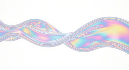 A flowing, iridescent ribbon or wave with holographic colors, isolated on a white background, shimmering with light