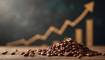 Roasted coffee beans form pile on wood surface. Blurred financial graph with upward trend shows strong market. Growth, success, rising profits in coffee business industry. Represents future progress,