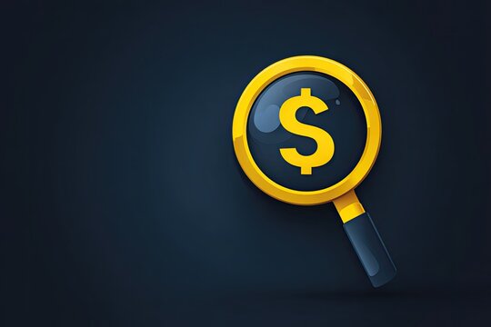 A cartoon magnifying glass zooms in on a dollar sign, set against a dark blue backdrop