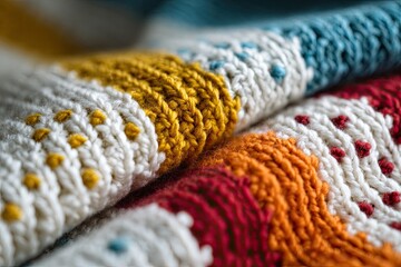 Fototapeta premium Close-up captures a portion of a textured, colorful knit fabric