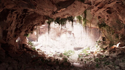 Fototapeta premium Sunlight streams into a vast cave, illuminating rocky textures and vibrant green plants. The light creates a beautiful contrast against the earthy tones of the cave walls.