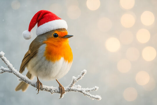 Horizontal photo of cute robin bird in Santa hat perched on frosty branch against soft golden bokeh background, festive wildlife image blending nature and joyful Christmas symbolism with warmth. - Powered by Adobe