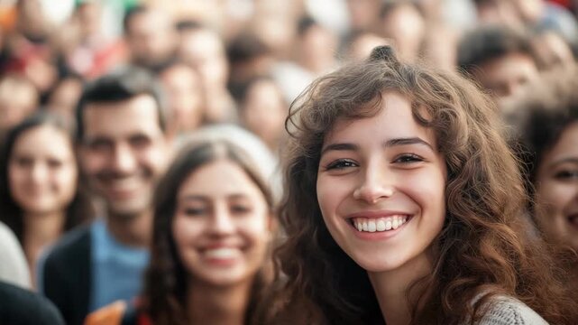 A group of people stands together on a city street, smiling happily at the camera. Their joyful expressions reflect friendship, community, and connection