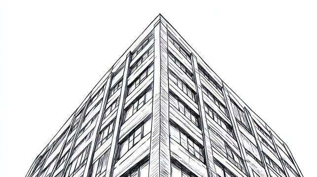 Tall building drawn in sketch style, view from below, for architecture, design use