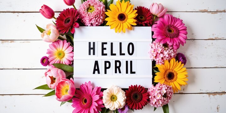 hello april is a beautiful floral wreath with the word hello written on it