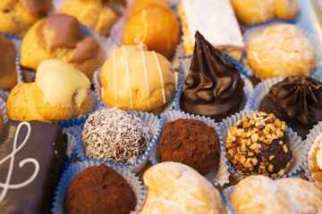 Close view of Italian pastries mix in a tray, christmas and event concept