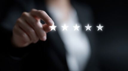 Fototapeta premium Businesswoman indicating a five-star rating on a screen, representing performance evaluation and growth. Rating improvement concept