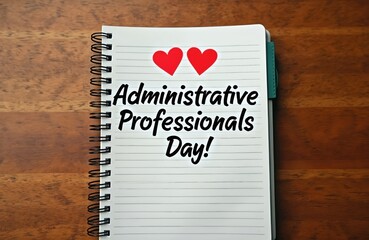 Notebook with hearts text Administrative Professionals Day. Top view of a reminder message on wooden background. Concept for office celebrations and appreciation. Admin assistants deserve recognition.