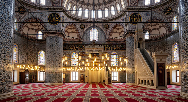 Interior view of a mosque featuring ornate columns, a red carpet, and a large chandelier lighting the space