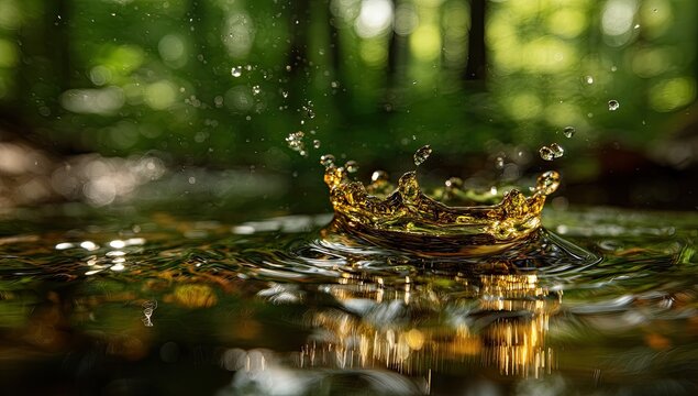 A water droplet crown in a shallow pool, forest background blurred, sunlit, nature's beauty