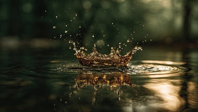 Close-up showcases a crown-shaped water splash in a pond, with reflections and blurred background