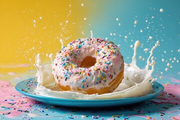 A frosted donut with colorful sprinkles on a blue plate, with milk splashing around it against yellow & blue backdrop