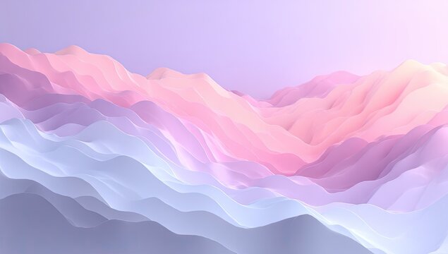 Abstract landscape with soft, undulating layers in pastel pinks, blues, and purples; atmospheric rendering