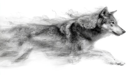 Fototapeta premium A monochrome painting of a wolf in motion, blending into smoky, ethereal elements