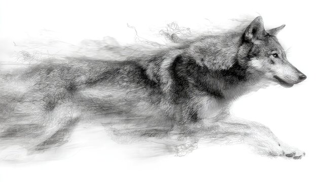 A monochrome painting of a wolf in motion, blending into smoky, ethereal elements