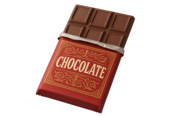 Chocolate bar with red and gold vintage style wrapper, delicious dessert or snack food on transparent background