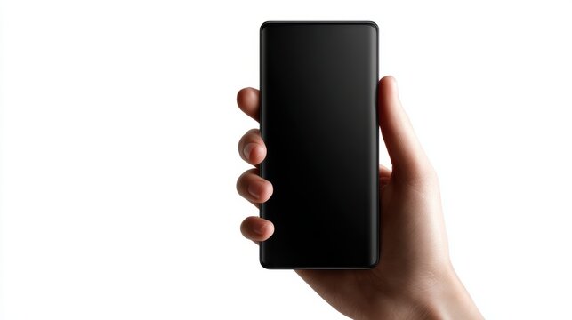 Close-up of a hand holding a black smartphone isolated on white background with clipping path. Product display and tech concept - Powered by Adobe
