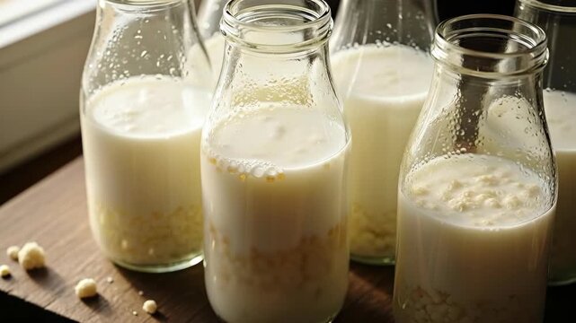 Close-up of Bottles Filled with Milk and Kefir Grains on Wooden Surface.