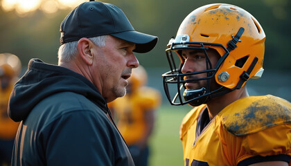 American football coach gives instructions to player. Older man talks seriously with young athlete in helmet on field. Mentor communicates strategy with sportsman during practice. Team leader