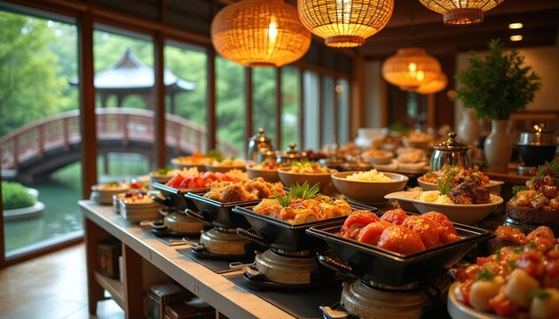 Gourmet buffet spread with Japanese dishes like sushi and sashimi. Various food options served in warming trays. Scenic view from window with garden and bridge.