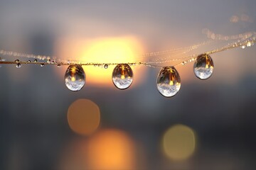 Close-up of glistening water droplets hanging on a thin line, blurred background of sunrise