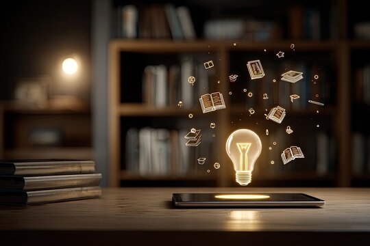 Digital tablet with glowing lightbulb and floating books in a library setting - Powered by Adobe