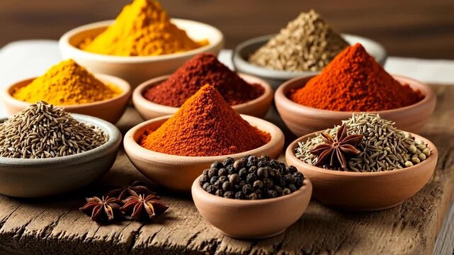 Assortment of Spices in Bowls, Ready for Culinary Exploration.