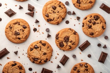 Delicious homemade chocolate chip cookies scattered with chocolate chunks and chips 