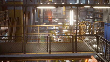 A bustling industrial space filled with colorful machinery and structures. Bright lights illuminate the area, highlighting the intricate design and active work happening on multiple levels.
