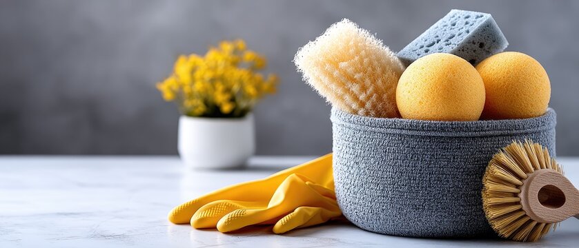 Various blue cleaning supplies laid out, including sponges and gloves, ready for household cleaning activities and chores - Powered by Adobe
