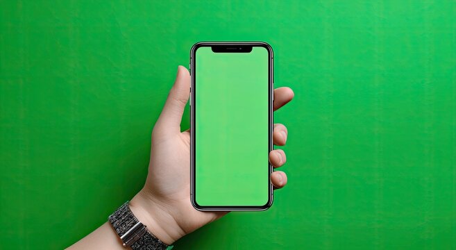 Person's hand holding a smartphone with a green screen on a bright green backdrop