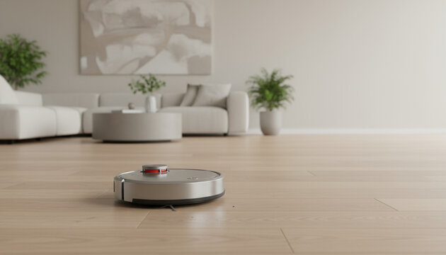 Sleek Robot Vacuum in Modern Living Room &ndash; Product Photography