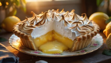 A lemon meringue pie, golden crust, creamy filling, and fluffy meringue topping, sits on a plate