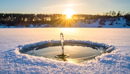 Frozen lake with hole, ice, and bright sunlight setting behind trees