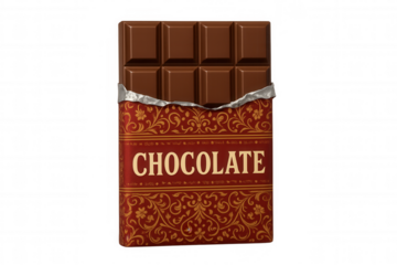 Chocolate bar with decorative red and gold wrapper, sweet indulgence, delicious treat, cocoa snack, transparent background