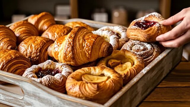 Freshly Baked Pastries: Croissants, Danishes, and Swirls on Display in a Bakery