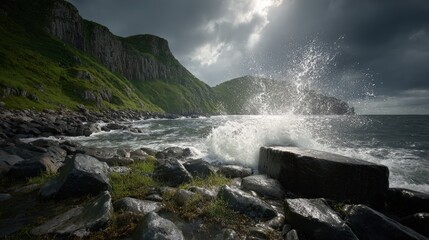 Dramatic coastal waves crashing against rocky shoreline with lush green cliffs