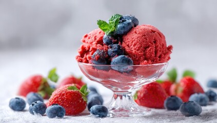 Vibrant berry ice cream sundae in a glass bowl with fresh fruit