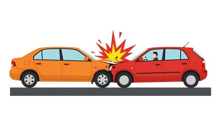 Obraz premium Car accident illustration with two vehicles crashing head on impact