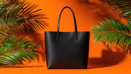 A sleek black tote bag stands centrally against an orange background, framed by palm leaves