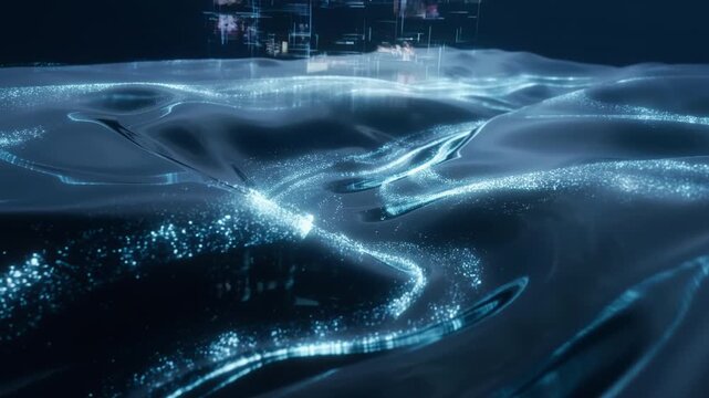 Discover the intricate movement of data as it flows through a captivating digital landscape. The scene features glittering waves that change and shift dynamically