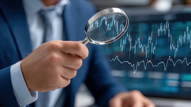 A hand holds a magnifying glass over various blue charts and graphs, focusing on data analysis during a business review session - Powered by Adobe