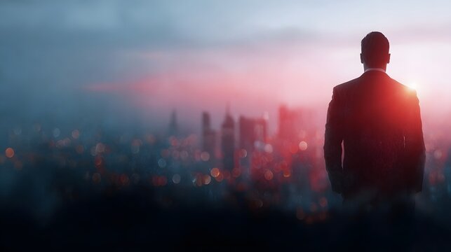 A lone businessman stands silhouetted against a dramatic red backlight overlooking a blurred city skyline at dusk symbolizing ambition and vision