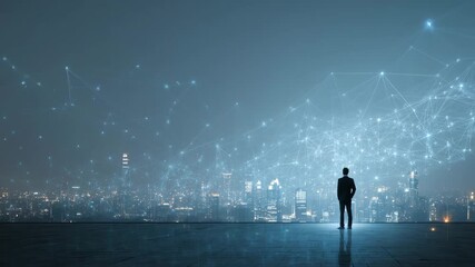 Businessman standing on futuristic digital network city at night - Powered by Adobe