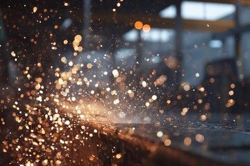 Macro shot of sparks erupting from metal cutting, blurred background in workshop